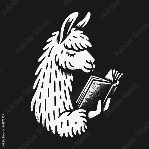 A charming black and white illustration of an intelligent llama reading a book.