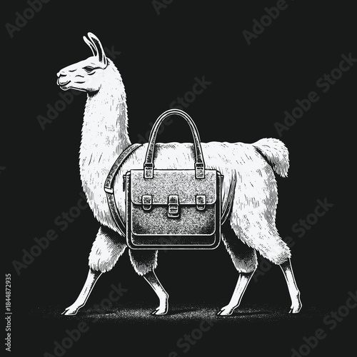 Vintage Engraving Style Illustration of a Llama with a Briefcase.