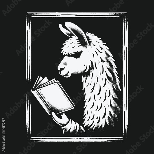 A studious llama deeply engrossed in reading a book.