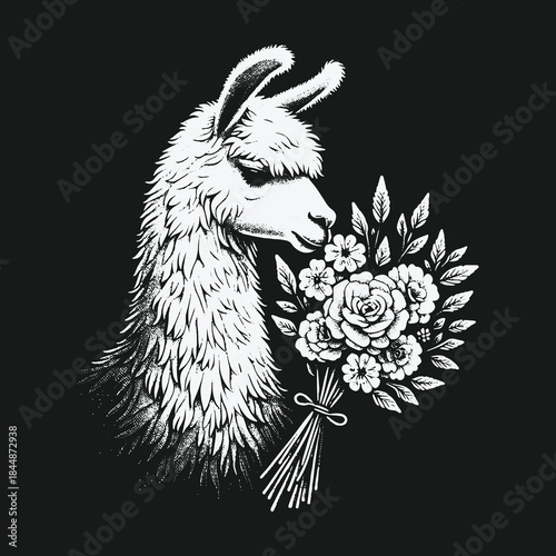 Black and white illustration of a cute llama smelling a bouquet of flowers.