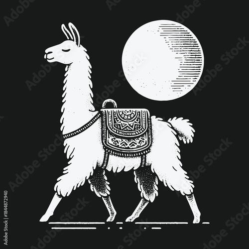 Vintage style engraving of a llama walking at night with a large moon.