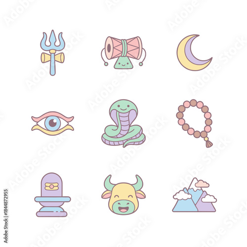 Cute Kawaii Lord Shiva Vector Icons Set in Pastel Colors featuring Trishula Nandi and Snake for Kids Religious Education or Sticker Design