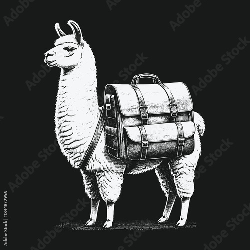 A detailed black and white illustration of a llama wearing a vintage backpack.