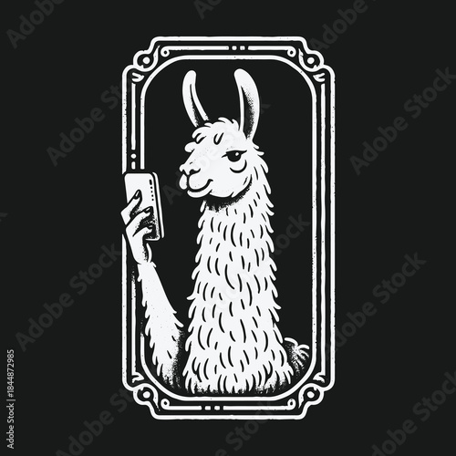 Funny Llama Taking a Selfie in an Ornate Frame Illustration.
