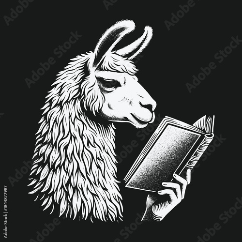 A studious and intelligent llama reading a book illustration.