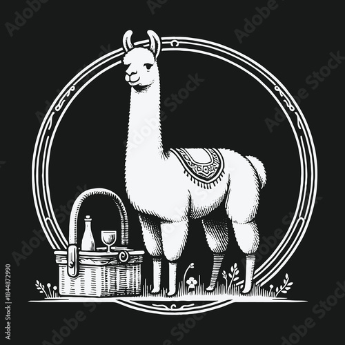 Vintage Llama with Picnic Basket Black and White Illustration.