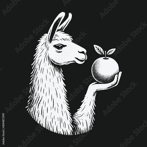 Whimsical hand drawn llama offering a fresh apple fruit.