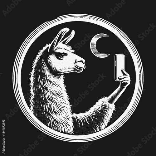 Funny Llama Taking a Selfie with a Smartphone at Night.