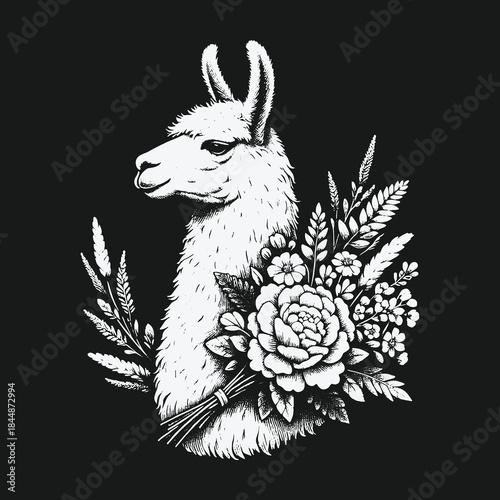 Elegant black and white llama portrait with floral bouquet illustration.
