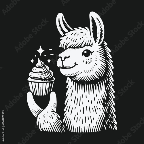 Charming hand drawn llama holding a sparkling cupcake.