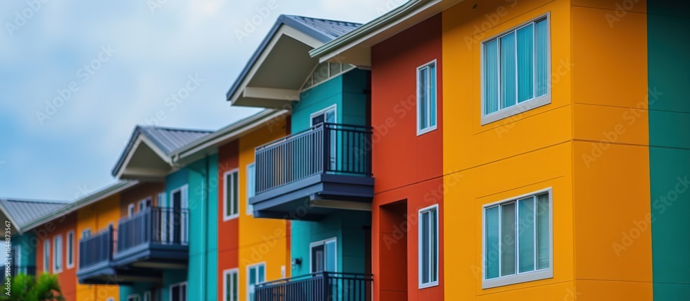 Obraz premium Colorful Apartments Under Cloudy Sky