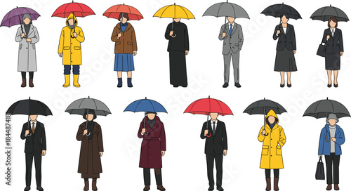 Diverse Men and Women in Raincoats and Coats Holding Umbrellas for Rainy Weather and Autumn Graphics.