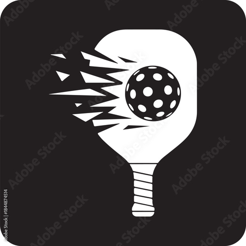 Speeding pickleball paddle hitting a ball icon graphic design black background
