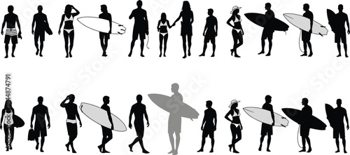 Diverse Men and Women in Swimwear Carrying Surfboards for Summer, Water Sports, and Travel Graphics.