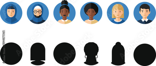 Diverse User Profile Icons in Flat Style with Headscarves and Various Hairstyles for Social Media Interface