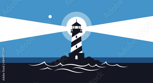 A striking illustration of a lighthouse on a rocky outcrop, emitting powerful beams of light into the night sky.