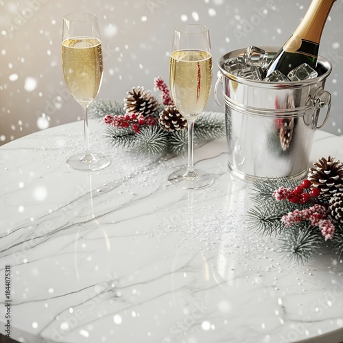 Elegant New Year's Celebration with Champagne, Ice Bucket, and Frosted Winter Decor on Marble Table