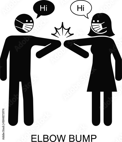 Elbow bump greeting illustration with masked figures and impact graphic for socially distanced interaction vector design
