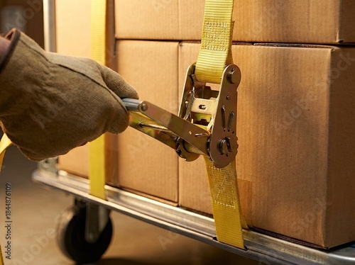 Hand securing cargo with ratchet strap on dolly