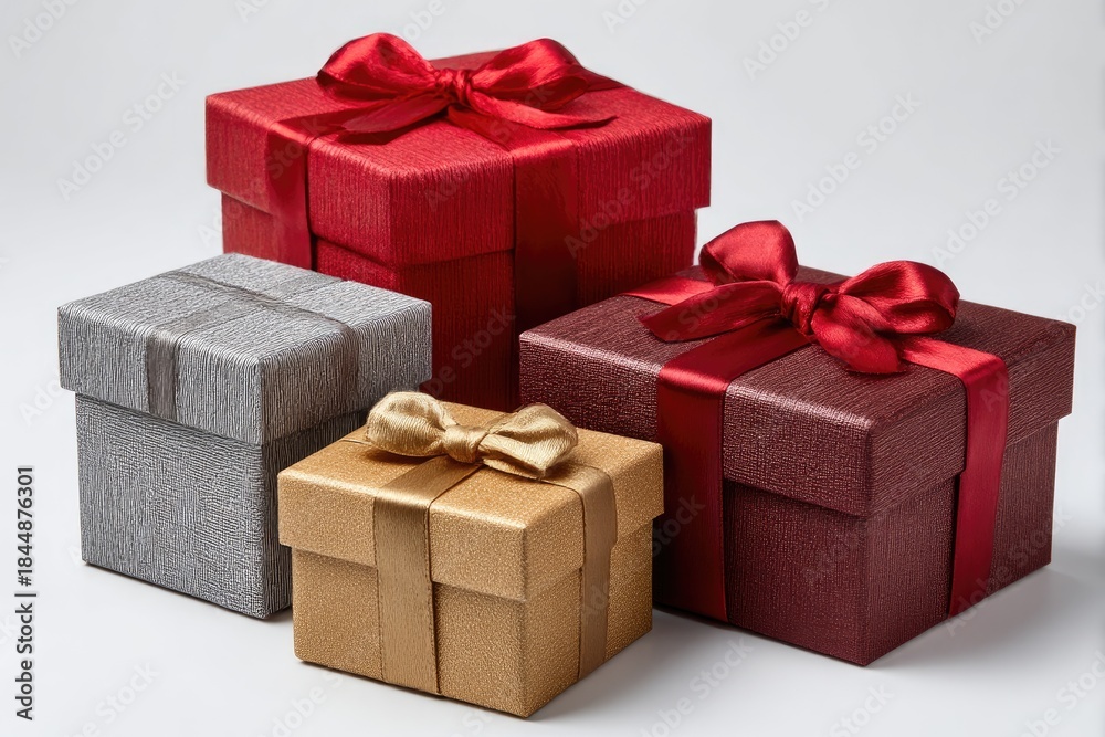 Obraz premium Four gift boxes red silver gold and burgundy with ribbons bows on a plain background