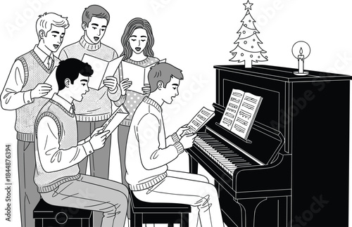 Festive indoor piano gathering with singers holding sheet music, holiday music performance, Christmas caroling, joyful seasonal celebration illustration