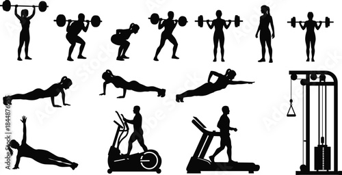Fitness Silhouette Collection of Gym Exercises and Equipment for Workout, Training, Health, Bodybuilding, and Active Lifestyle Vector Projects