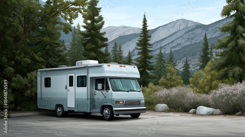 Wallpaper Mural Light gray RV parked in a mountain forest Torontodigital.ca