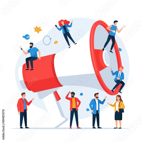 People Interacting with Megaphone Illustration.