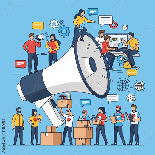 People Surrounding Large Megaphone Illustration.