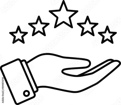 Five-star service rating vector with open hand and stars arc symbolizing quality, excellence, and customer satisfaction.