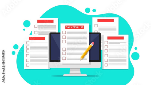 Computer Monitor Displaying Documents and Pencil.