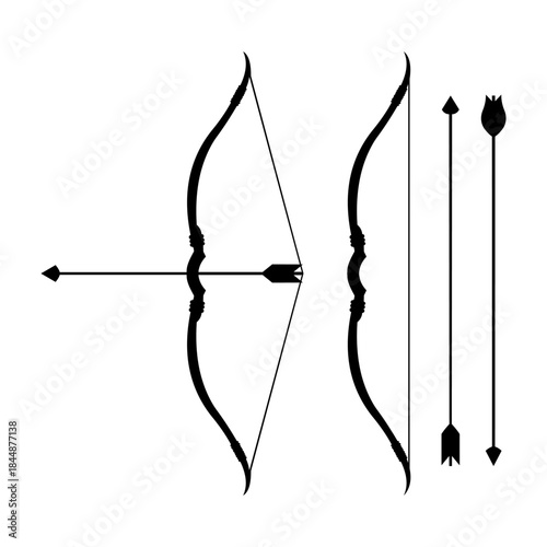 Black silhouette of a traditional bow and arrows set, minimal vector illustration isolated on white background