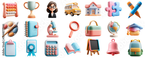 Collection of 3d Education Icons and School Supplies on Transparent Background