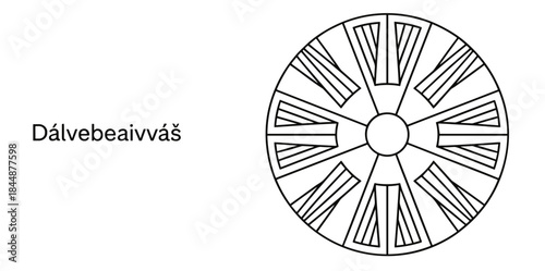 Minimalist Sámi sun symbol Dálvebeaivváš for winter solstice, line art with clean circular design