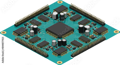High-resolution 3D rendering of electronic circuit board, microcontroller, components, connectors, m, PCB layout