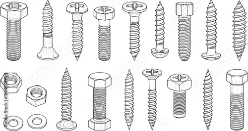 Industrial fasteners collection illustration, screws bolts nuts washers, hardware components set, technical drawing style, black and white vector outline isolated