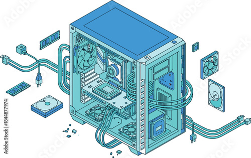 Isometric computer case illustration, exploded view desktop components, motherboard CPU RAM cooling fans power supply hard drives cables, educational hardware visualization