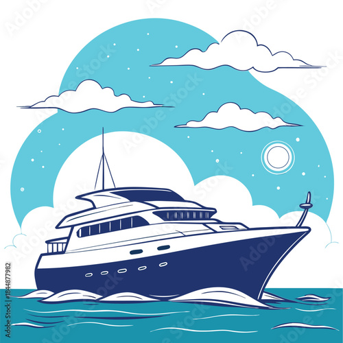 A detailed illustration of a large motor yacht sailing on the ocean under a clear sky with clouds