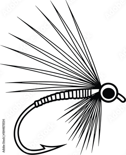 Fly Fishing Lure Vector Line Art Illustration. Black and White Outline Drawing of an Artificial Trout Fly Hook for Sport.
