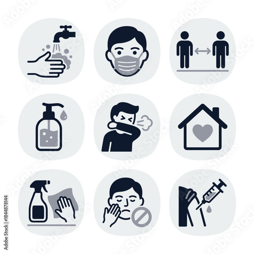 Minimalist Line Icon Set of Coronavirus Covid19 Prevention and Safety Measures