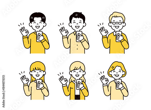 スマートフォンを持って笑顔でOKサインをする、三世代ファミリーのベクターイラスト素材セット