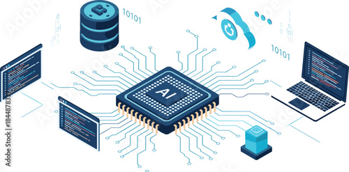 Artificial intelligence, microchip, cloud computing, data storage, binary code, laptop, coding screen, server, digital network, futuristic technology, innovation, AI system