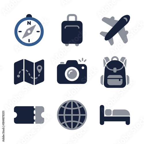 Minimalist Two Tone Travel and Holiday Icons Set Element Illustration