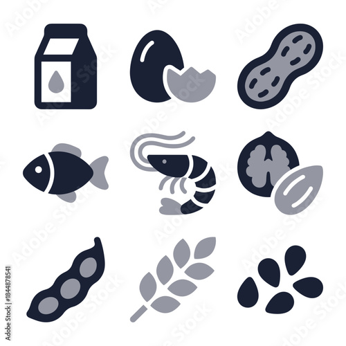 Simple Flat Style Food Allergen Icon Set for Product Labeling