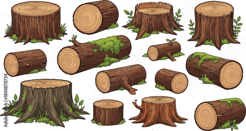 Forest Elements with Moss and Grass on a White Background Vector.