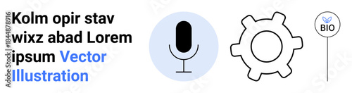 Technology, communication, sustainability, bioengineering, innovation, media tools. Microphone silhouette with gear symbol and bio marker on white. Technology and communication concept