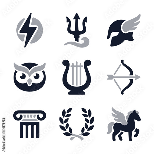 Stylized Minimalist Ancient Greek Mythology Symbol Set Icon Collection