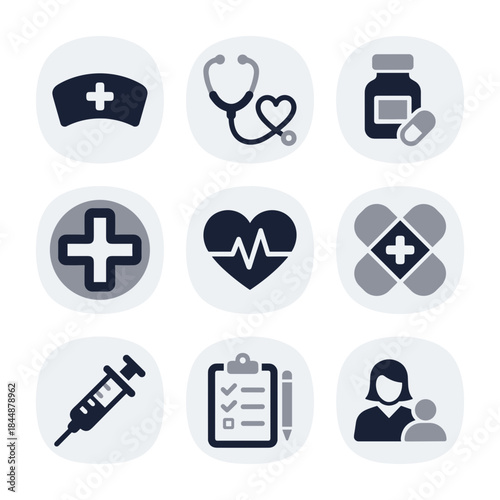 Minimalist Medical Healthcare Icon Set with Nurse Cap and Stethoscope Illustration