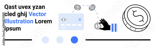 Hand interacting with digital elements, coins in motion, interface components, and modern minimal design. Ideal for fintech, payment systems, bank apps, transactions, innovation financial tech