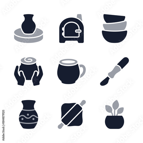 Two Tone Simple Pottery Related Items Icon Set for Crafting
